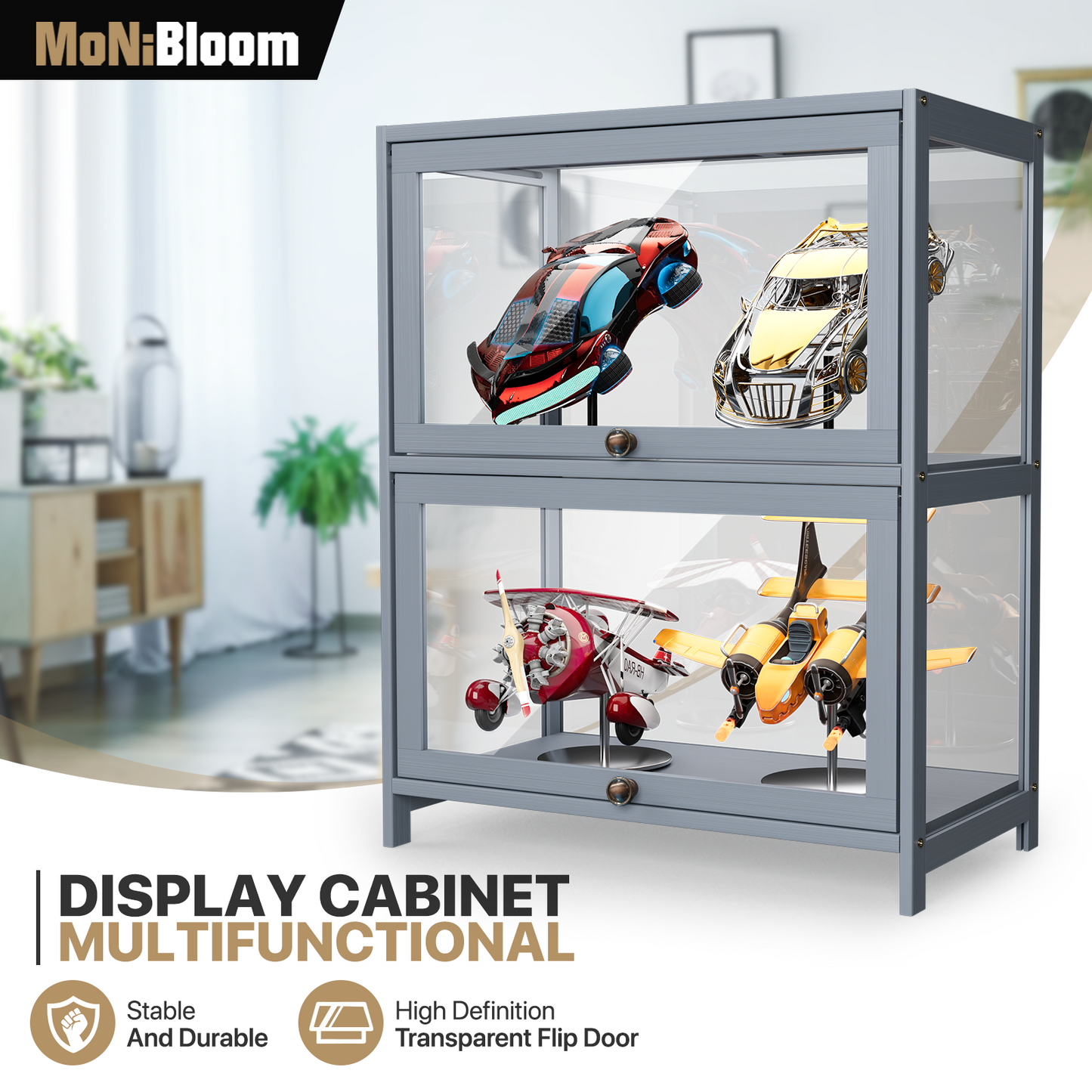 Display Case - Acrylic Flip Door - transparent on all sides - 2 Tiers - 23.5 in.L 13 in.W 29 in.H - Gray