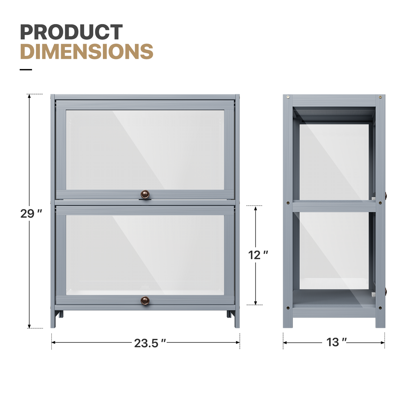 Display Case - Acrylic Flip Door - transparent on all sides - 2 Tiers - 23.5 in.L 13 in.W 29 in.H - Gray