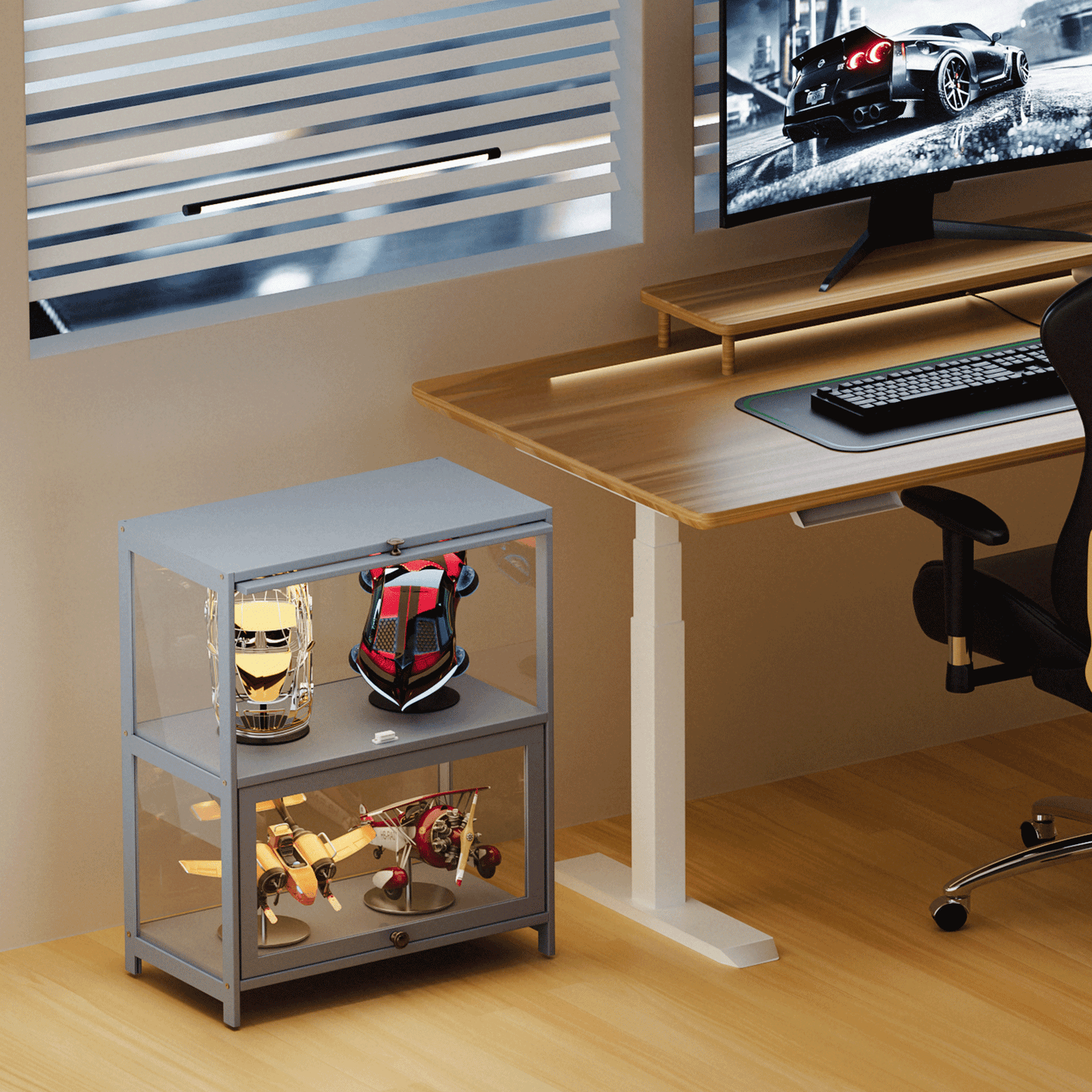 Display Case - Acrylic Flip Door - transparent on all sides - 2 Tiers - 23.5 in.L 13 in.W 29 in.H - Gray