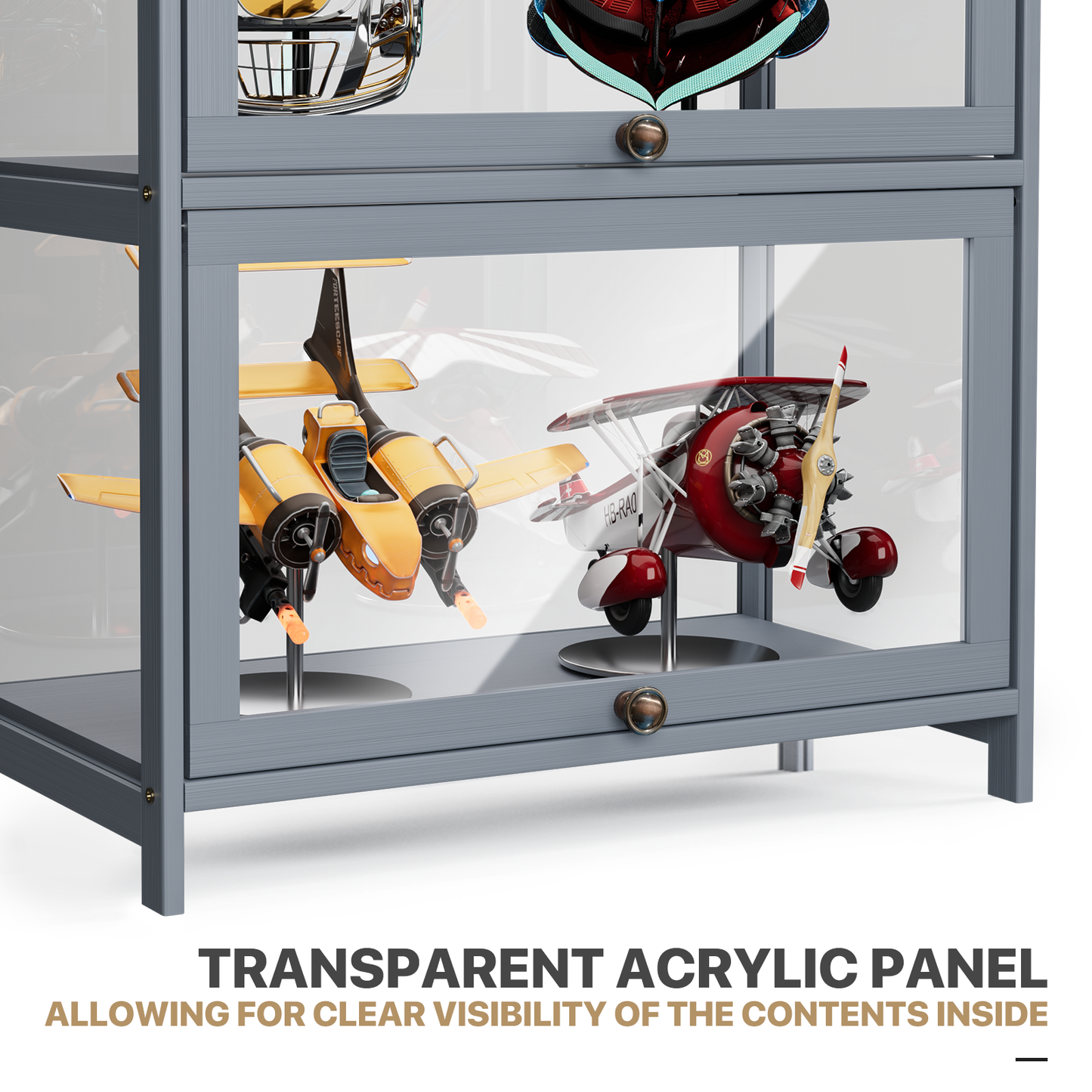 Display Case - Acrylic Flip Door - transparent on all sides - 2 Tiers - 23.5 in.L 13 in.W 29 in.H - Gray