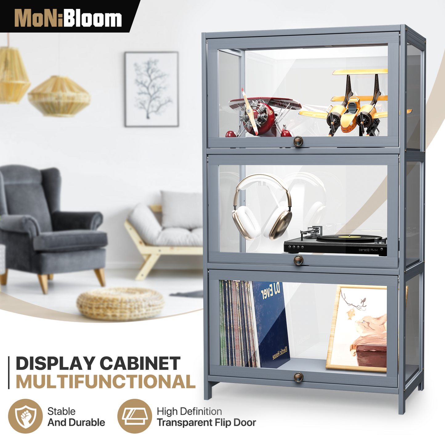 Display Case - Acrylic Flip Door - transparent on all sides - 3 Tiers - 23.5 in.L 13 in.W 42 in.H - Gray