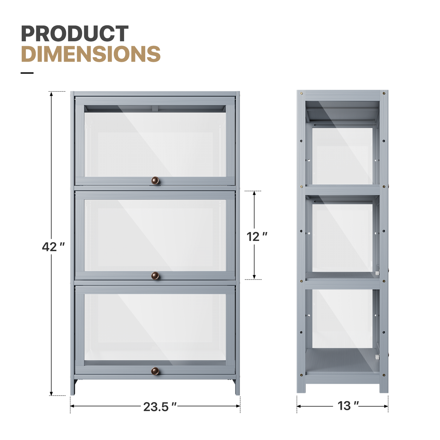 Display Case - Acrylic Flip Door - transparent on all sides - 3 Tiers - 23.5 in.L 13 in.W 42 in.H - Gray