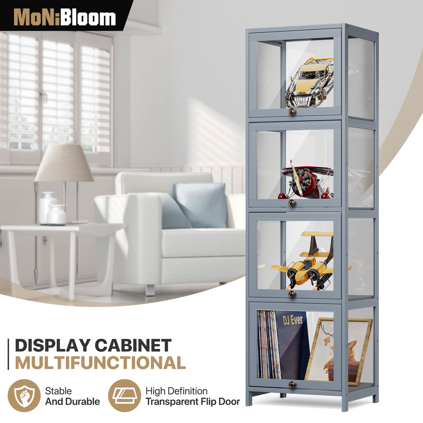 Display Case - Acrylic Flip Door - transparent on all sides - 4 Tiers - 16 in.L 13 in.W 55 in.H - Gray