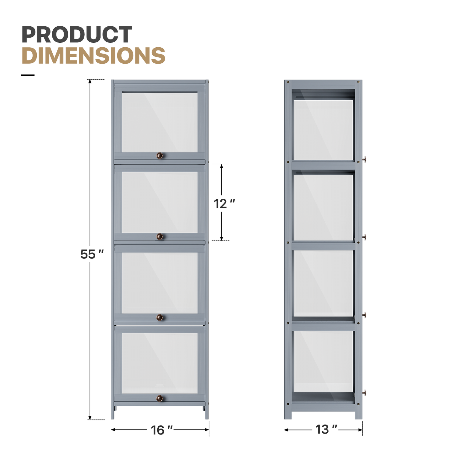 Display Case - Acrylic Flip Door - transparent on all sides - 4 Tiers - 16 in.L 13 in.W 55 in.H - Gray