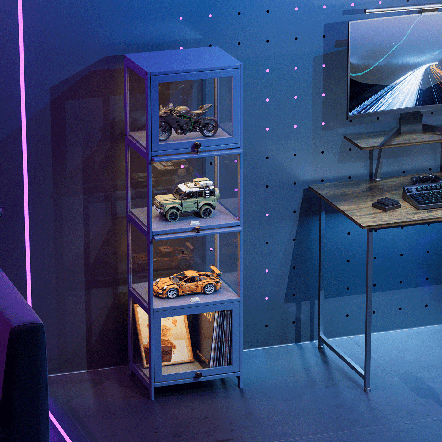 Display Case - Acrylic Flip Door - transparent on all sides - 4 Tiers - 16 in.L 13 in.W 55 in.H - Gray