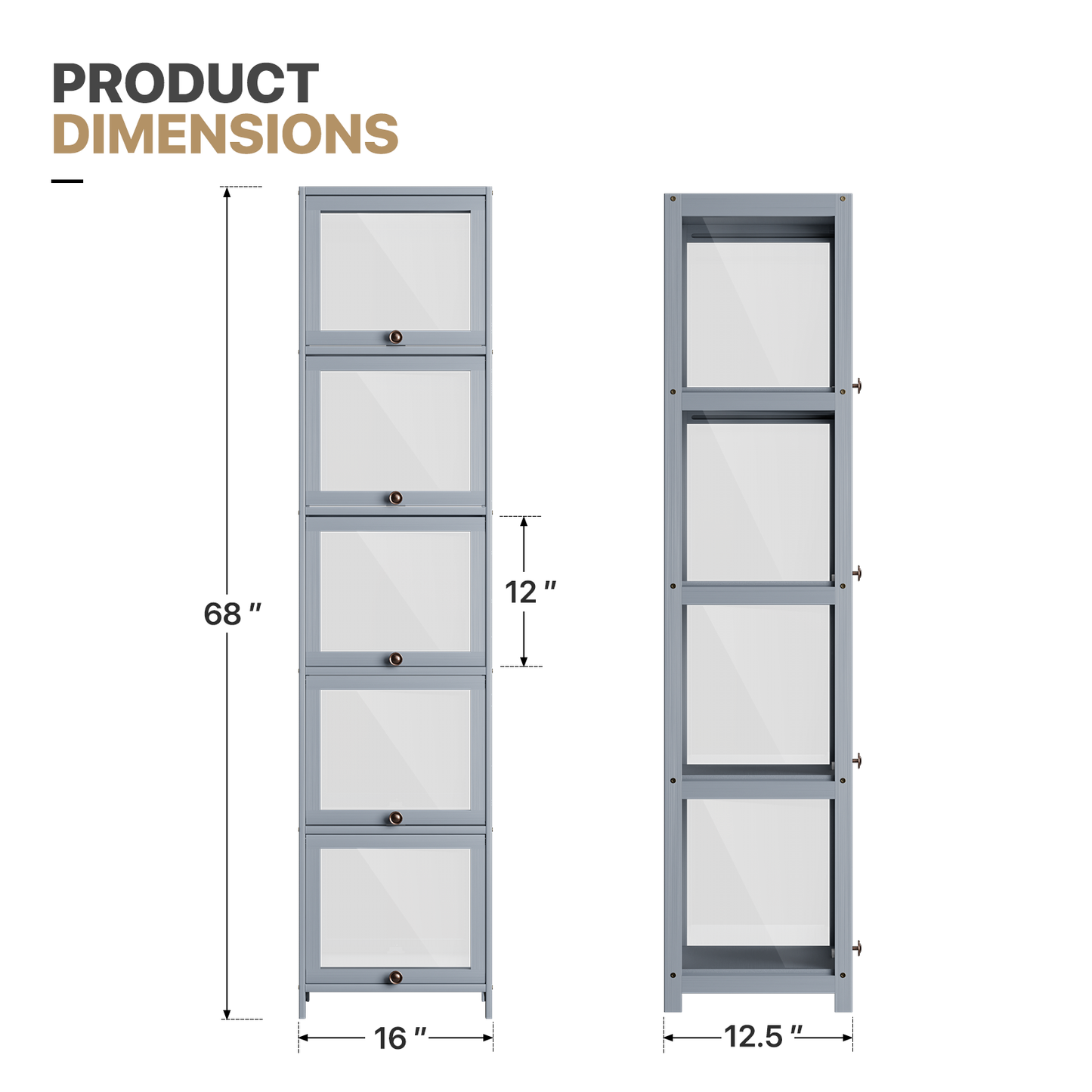 Display Case - Acrylic Flip Door - transparent on all sides - 5 Tiers - 16 in.L 12.5 in.W 68 in.H - Gray