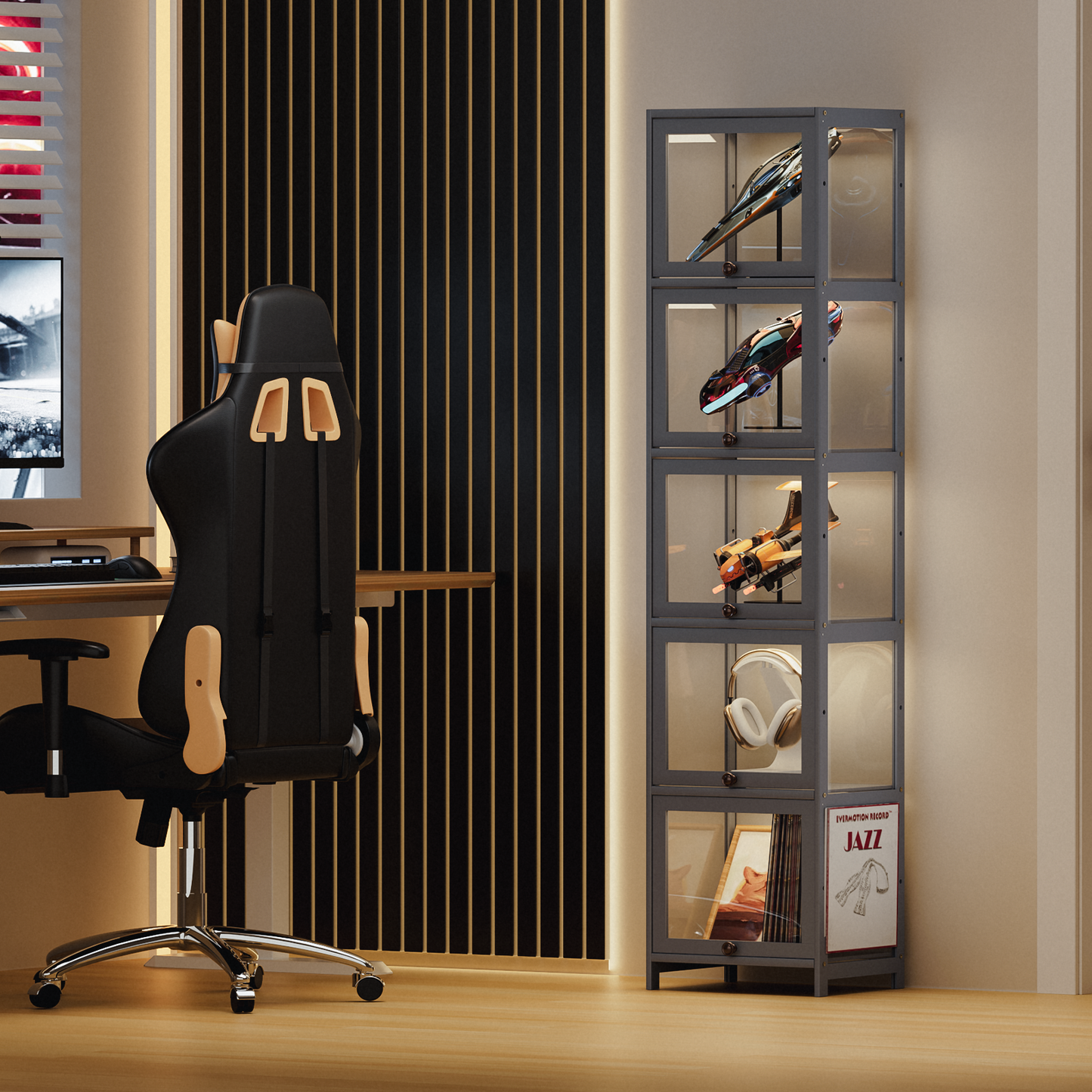 Display Case - Acrylic Flip Door - transparent on all sides - 5 Tiers - 16 in.L 12.5 in.W 68 in.H - Gray
