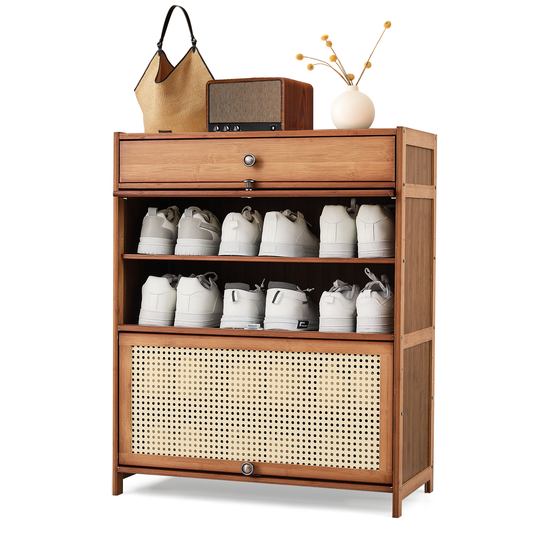 4 Tiers Shoe Storage - Plastic Rattan Weave Door Design - 27.2 in.L 12.6 in.W 33 in.H - w/2 Drawer - Brown