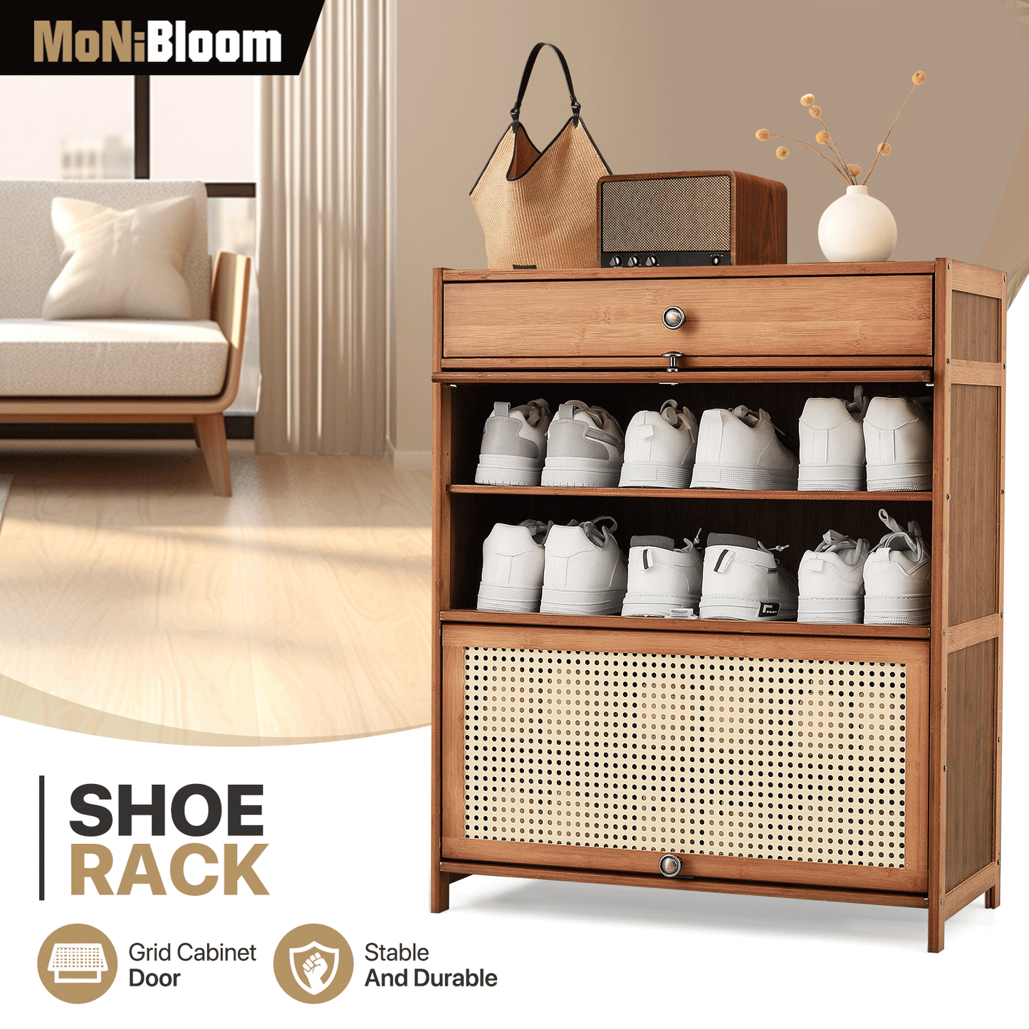 4 Tiers Shoe Storage - Plastic Rattan Weave Door Design - 27.2 in.L 12.6 in.W 33 in.H - w/2 Drawer - Brown