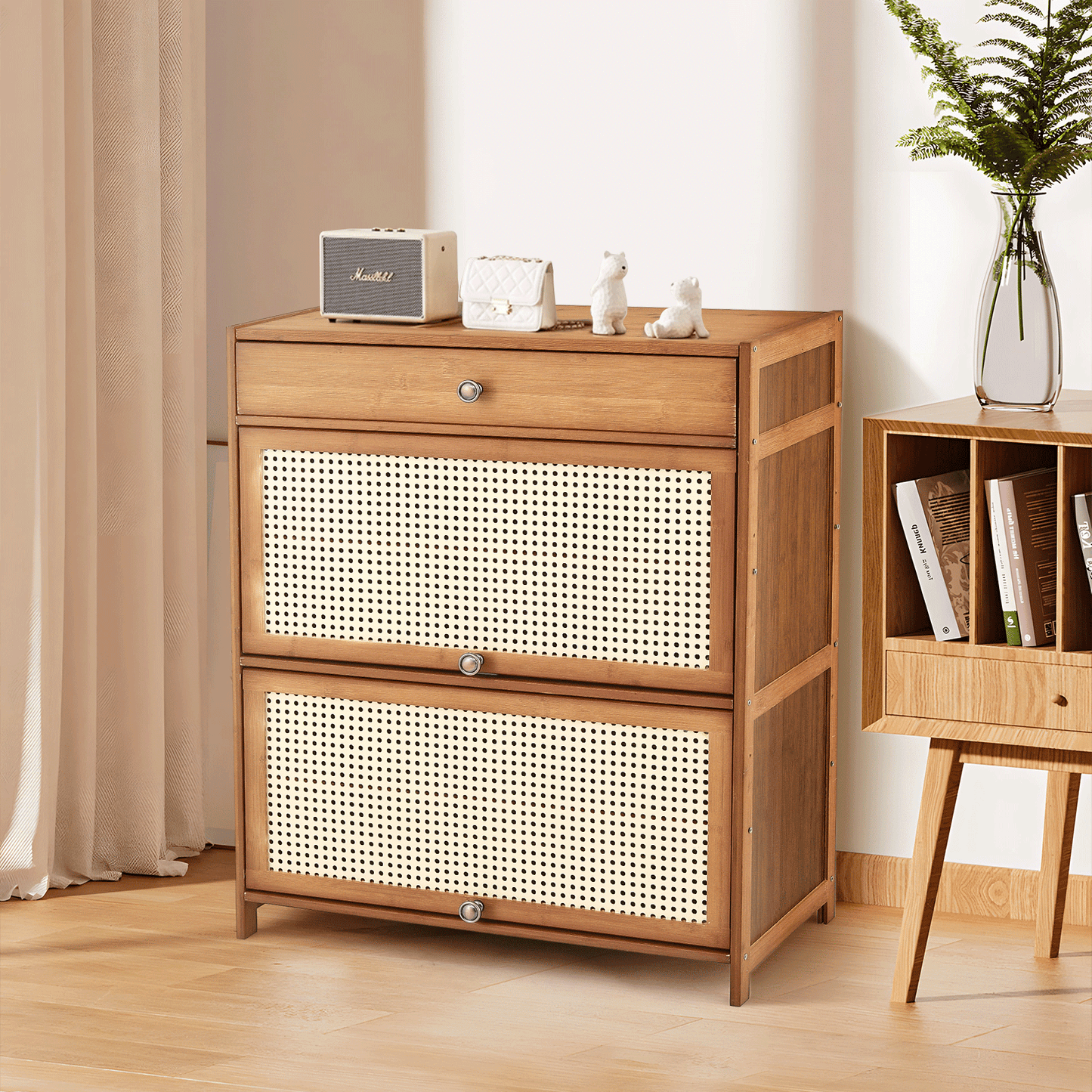 4 Tiers Shoe Storage - Plastic Rattan Weave Door Design - 27.2 in.L 12.6 in.W 33 in.H - w/2 Drawer - Brown