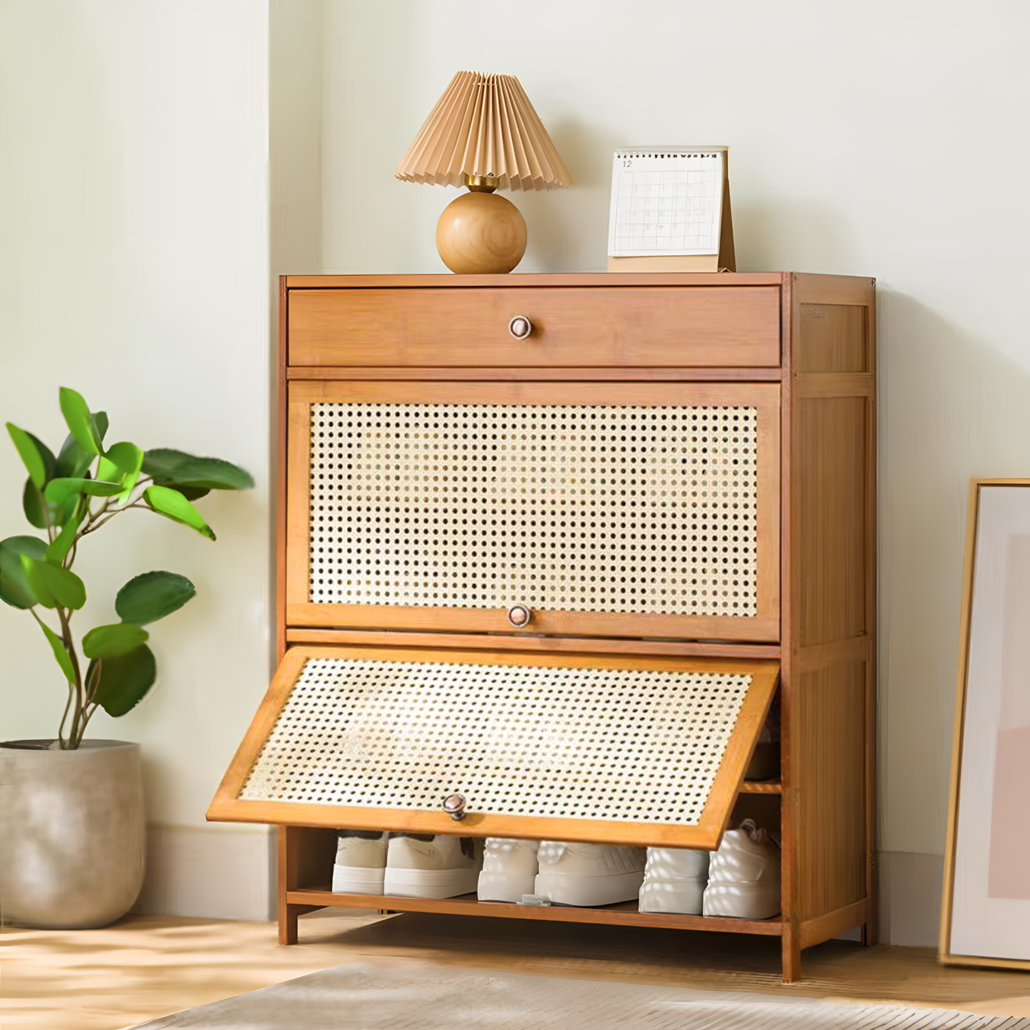 4 Tiers Shoe Storage - Plastic Rattan Weave Door Design - 27.2 in.L 12.6 in.W 33 in.H - w/2 Drawer - Brown