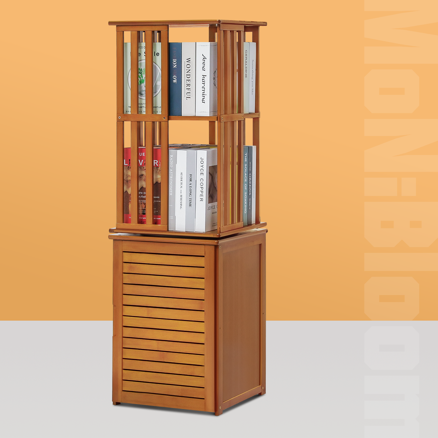 360°Swivel Bookshelf - Vertical Fence Pattern - with Bottom Cabinet Storage - 15" - Brown