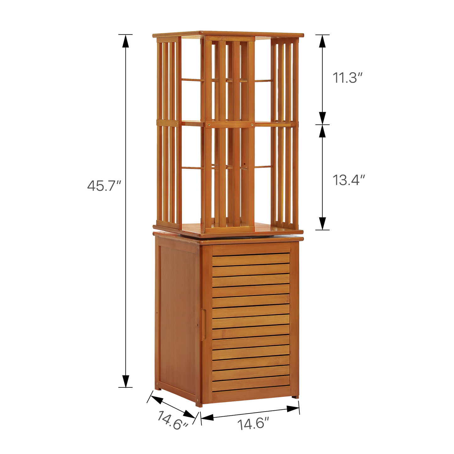 360°Swivel Bookshelf - Vertical Fence Pattern - with Bottom Cabinet Storage - 15" - Brown