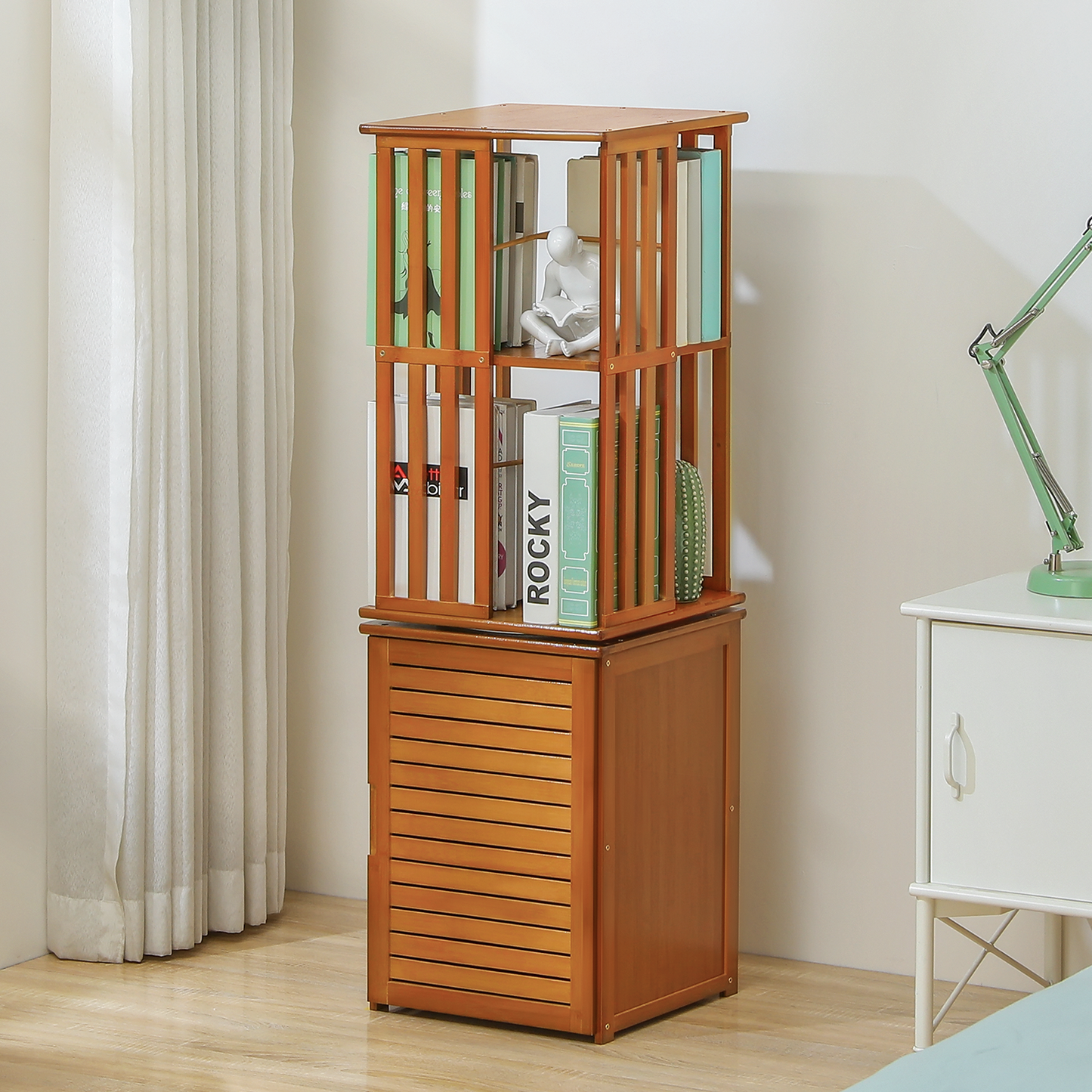 360°Swivel Bookshelf - Vertical Fence Pattern - with Bottom Cabinet Storage - 15" - Brown