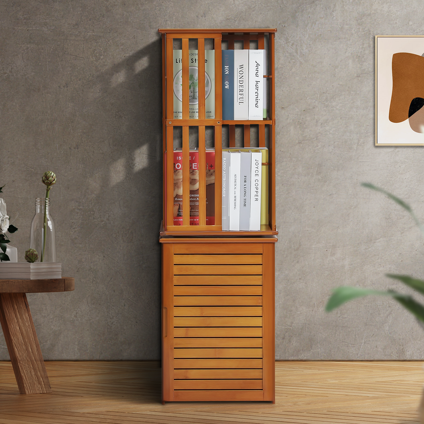 360°Swivel Bookshelf - Vertical Fence Pattern - with Bottom Cabinet Storage - 15" - Brown