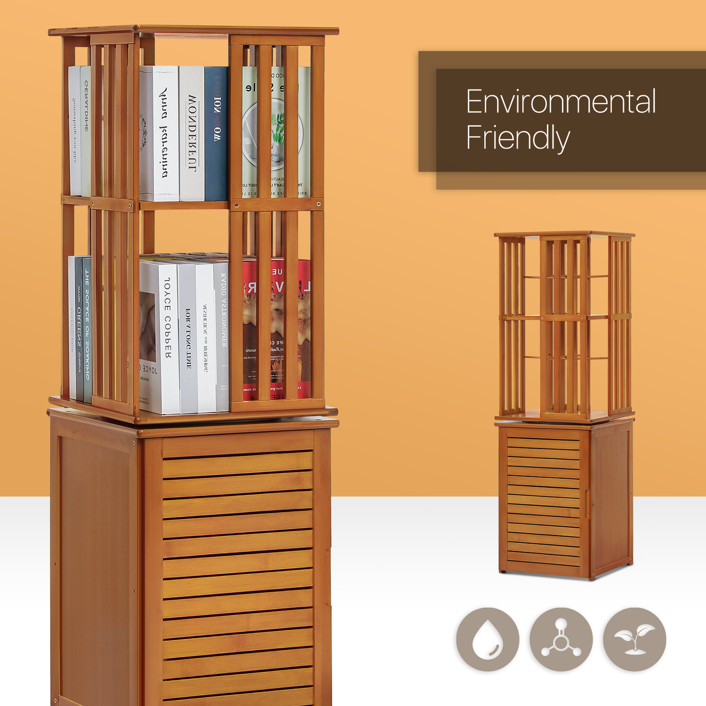 360°Swivel Bookshelf - Vertical Fence Pattern - with Bottom Cabinet Storage - 15" - Brown