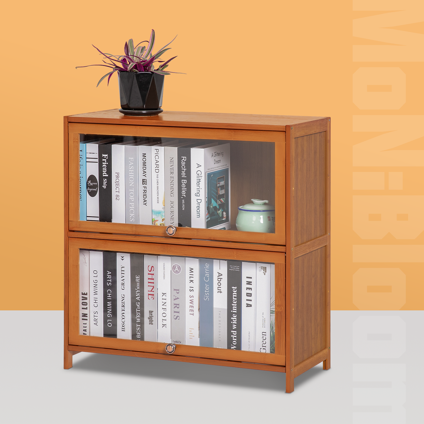 Visible Slide Up Door Bookcase - Bamboo/Acrylic - Brown