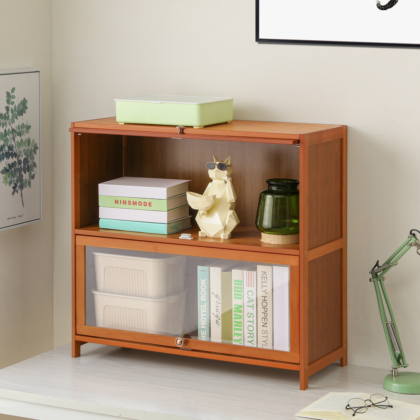 Visible Slide Up Door Bookcase - Bamboo/Acrylic - Brown