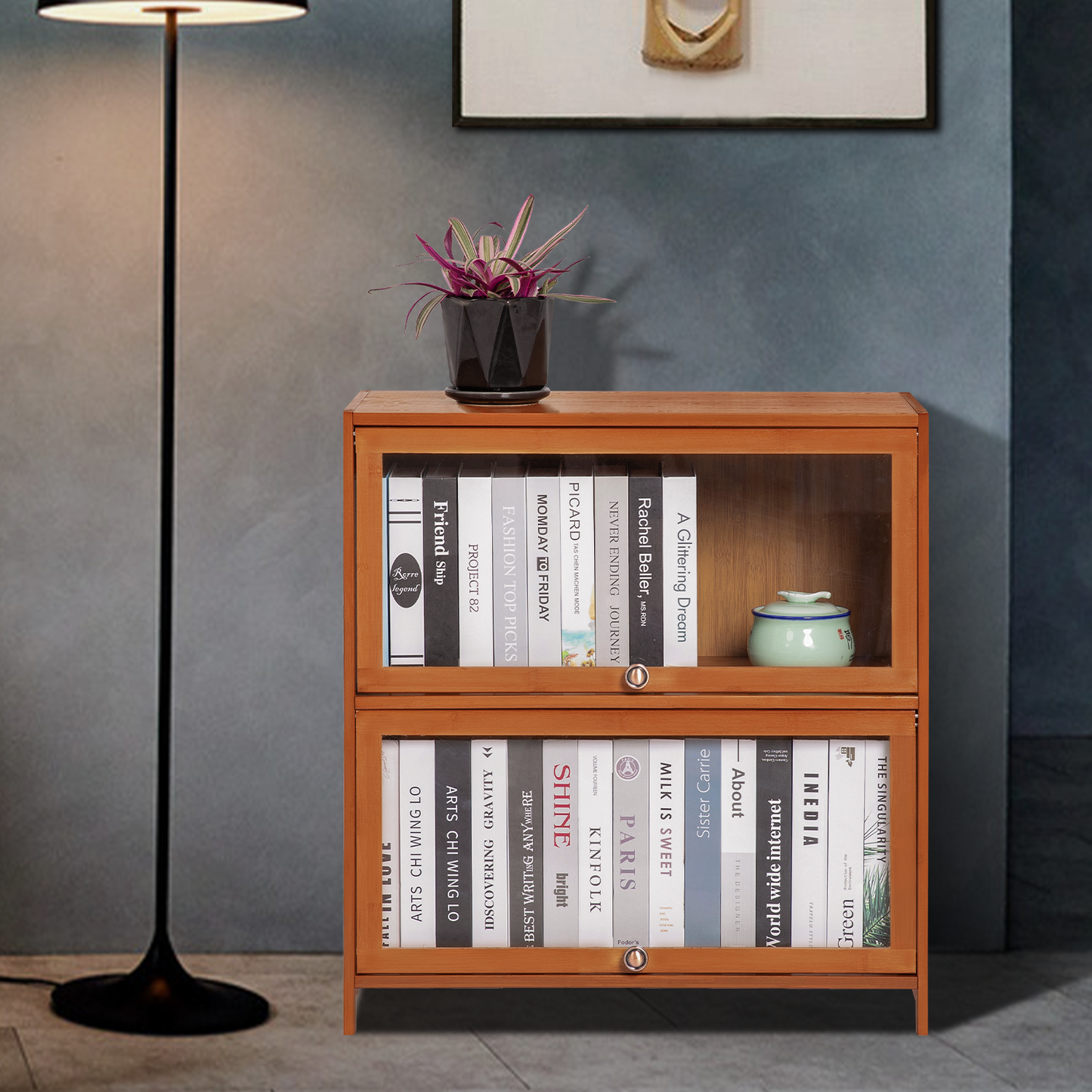 Visible Slide Up Door Bookcase - Bamboo/Acrylic - Brown