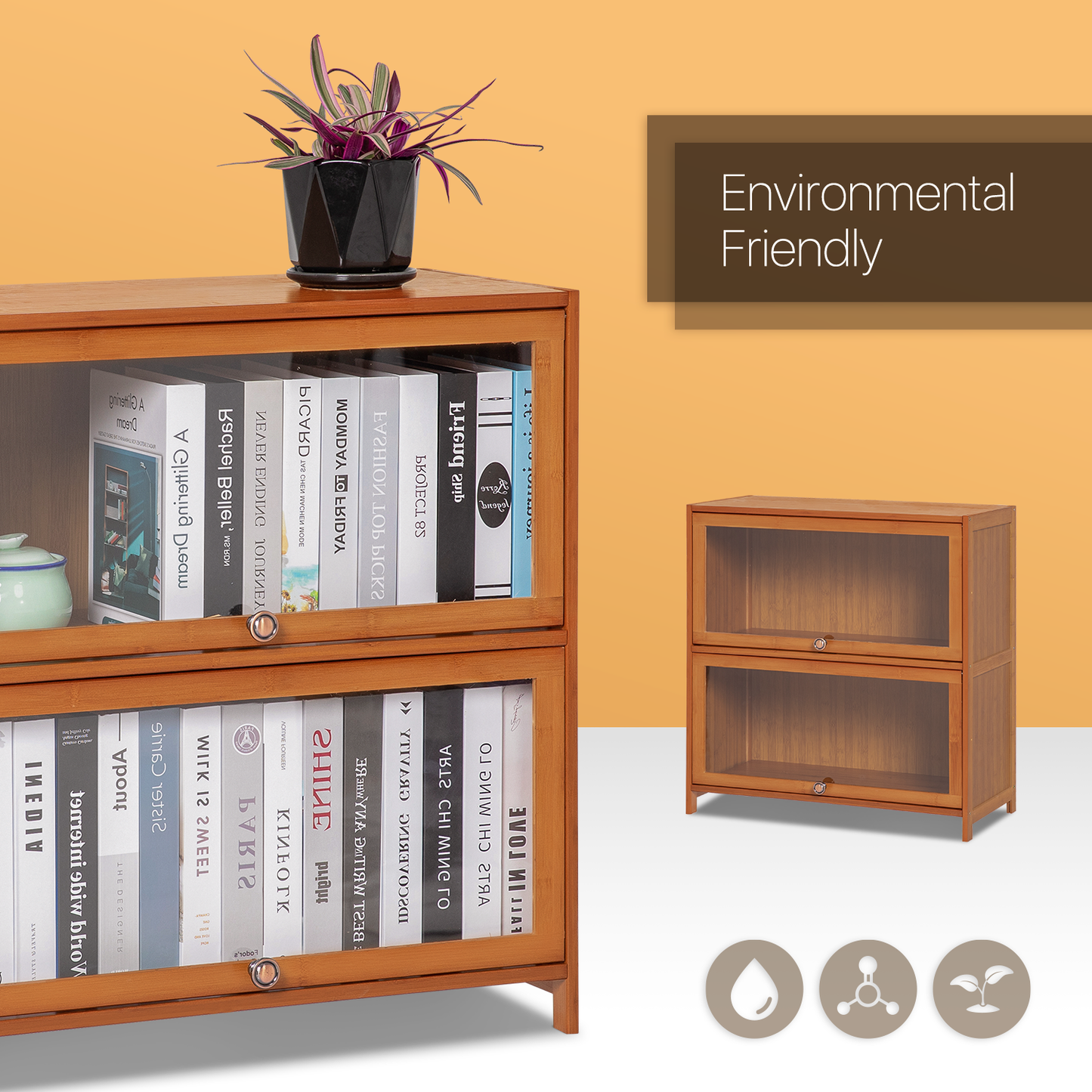 Visible Slide Up Door Bookcase - Bamboo/Acrylic - Brown