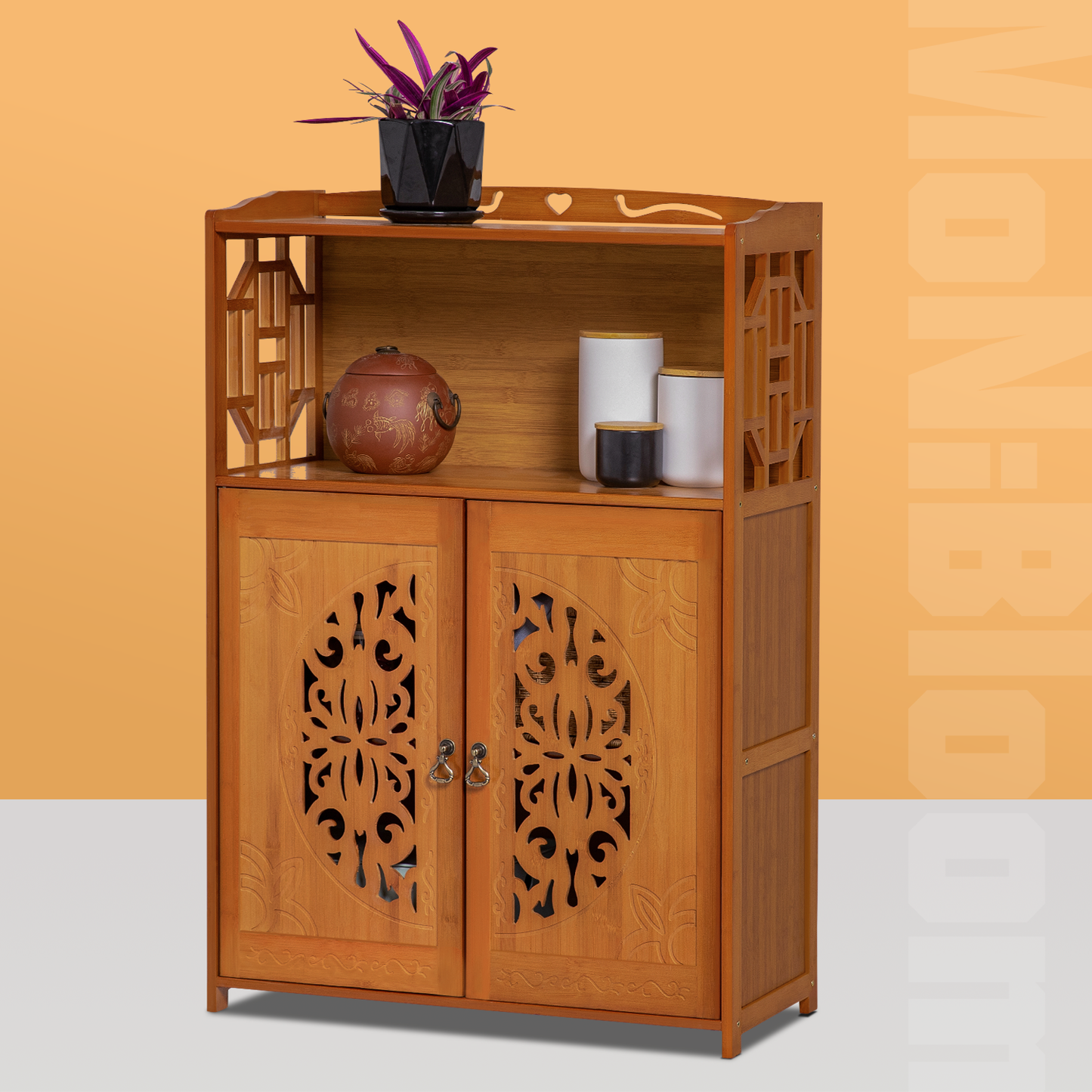 Chinese Hollow Pattern Two-Doors Bookcase - Brown