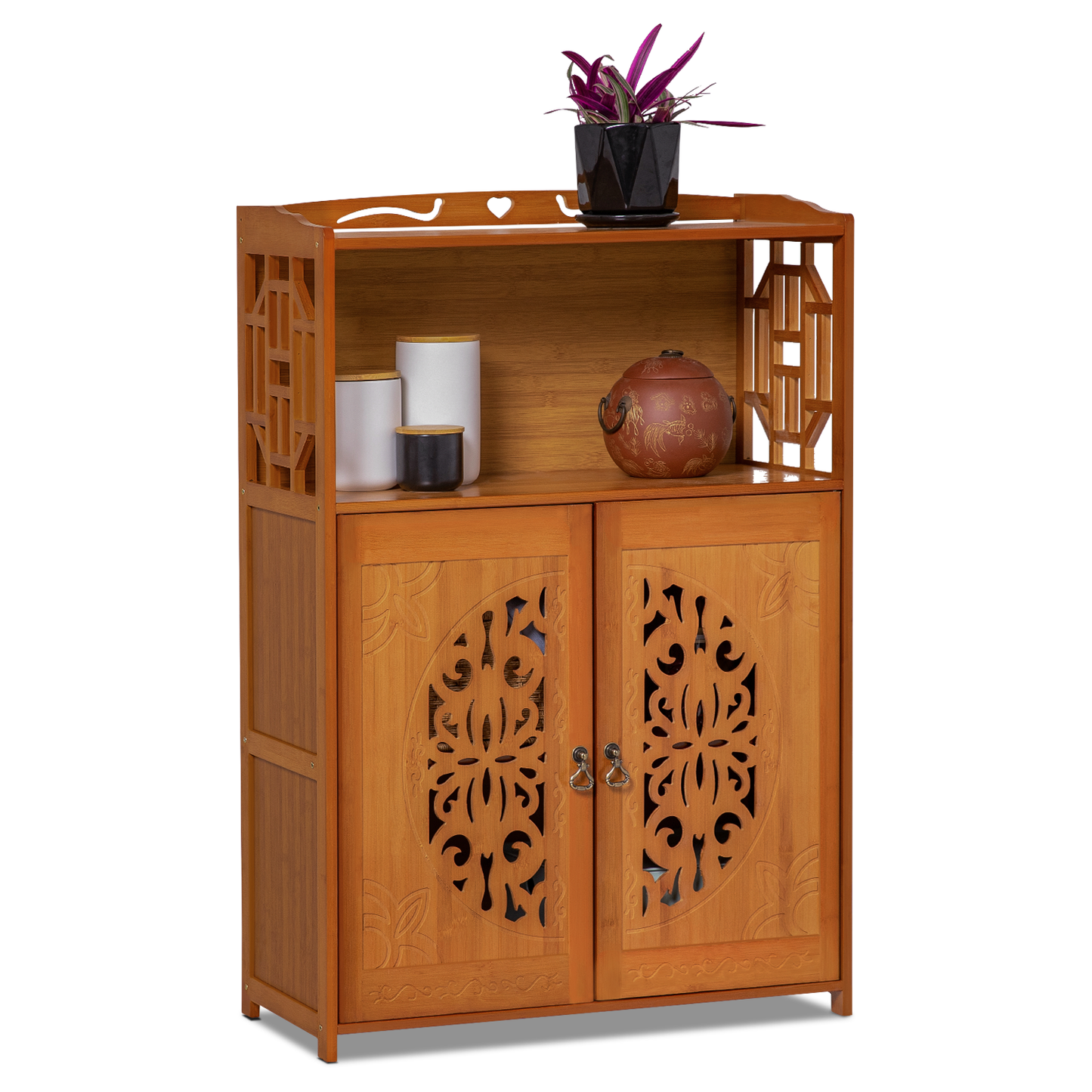 Chinese Hollow Pattern Two-Doors Bookcase - Brown