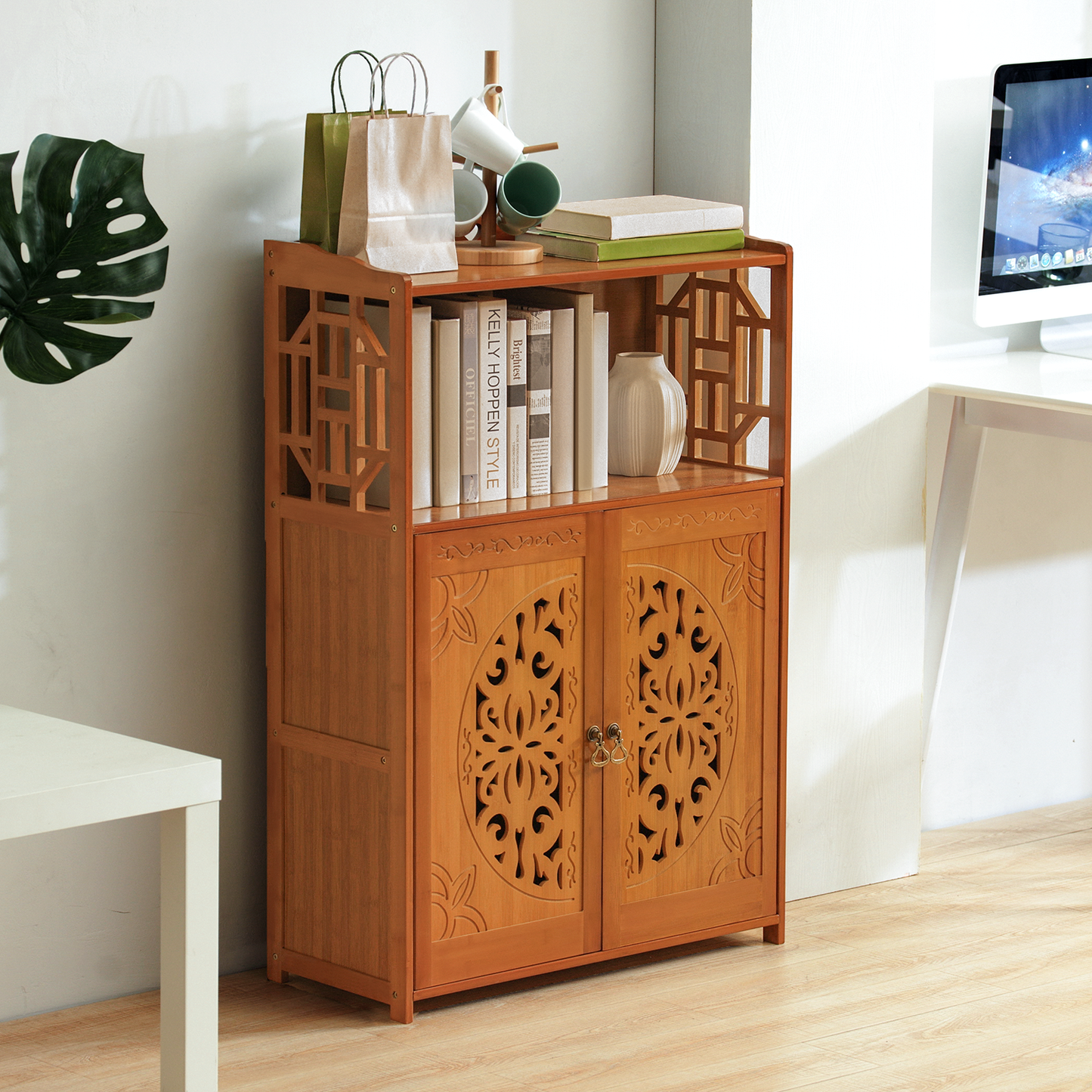 Chinese Hollow Pattern Two-Doors Bookcase - Brown