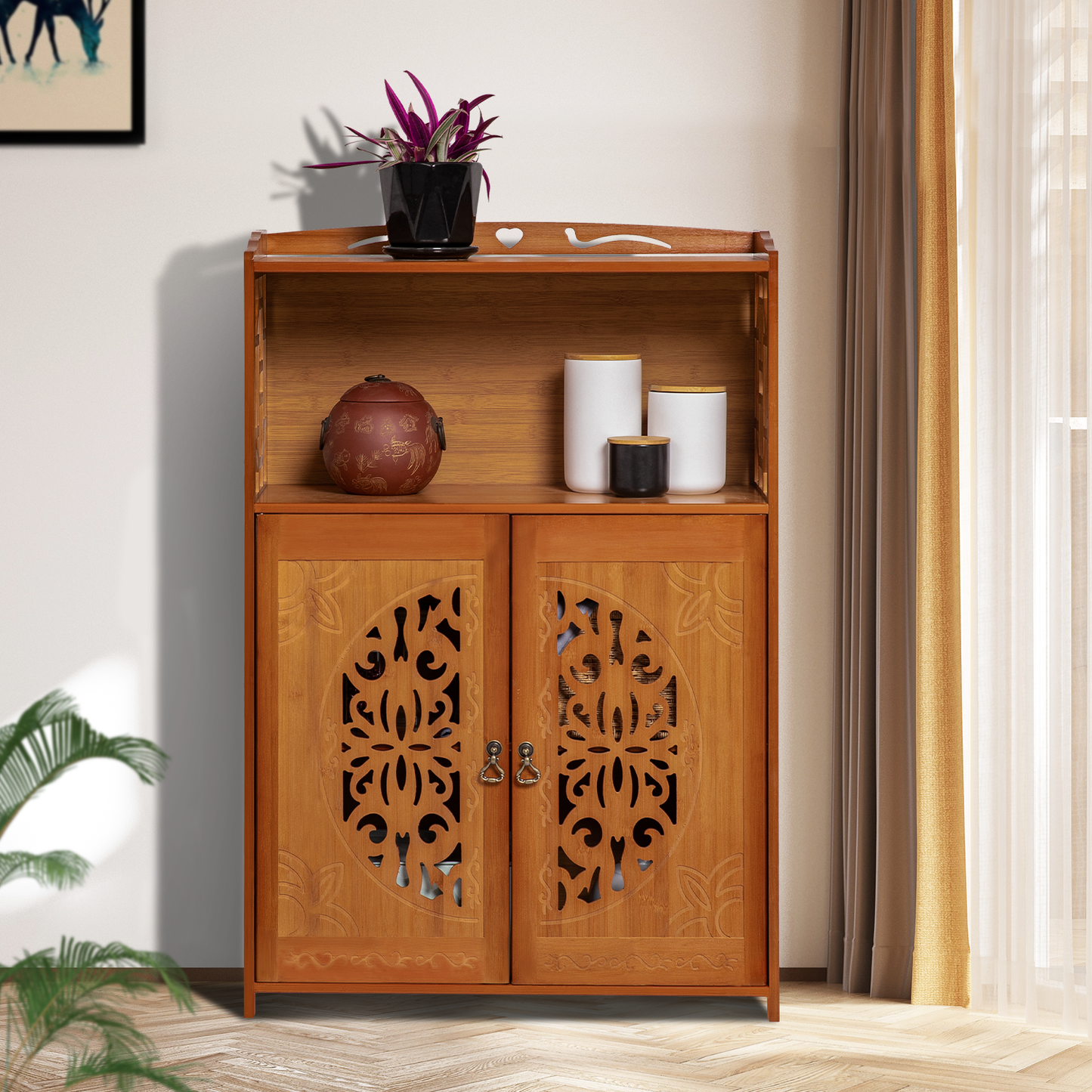 Chinese Hollow Pattern Two-Doors Bookcase - Brown