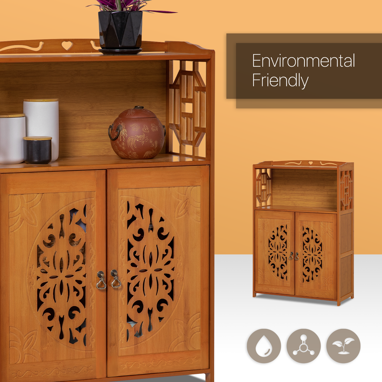 Chinese Hollow Pattern Two-Doors Bookcase - Brown