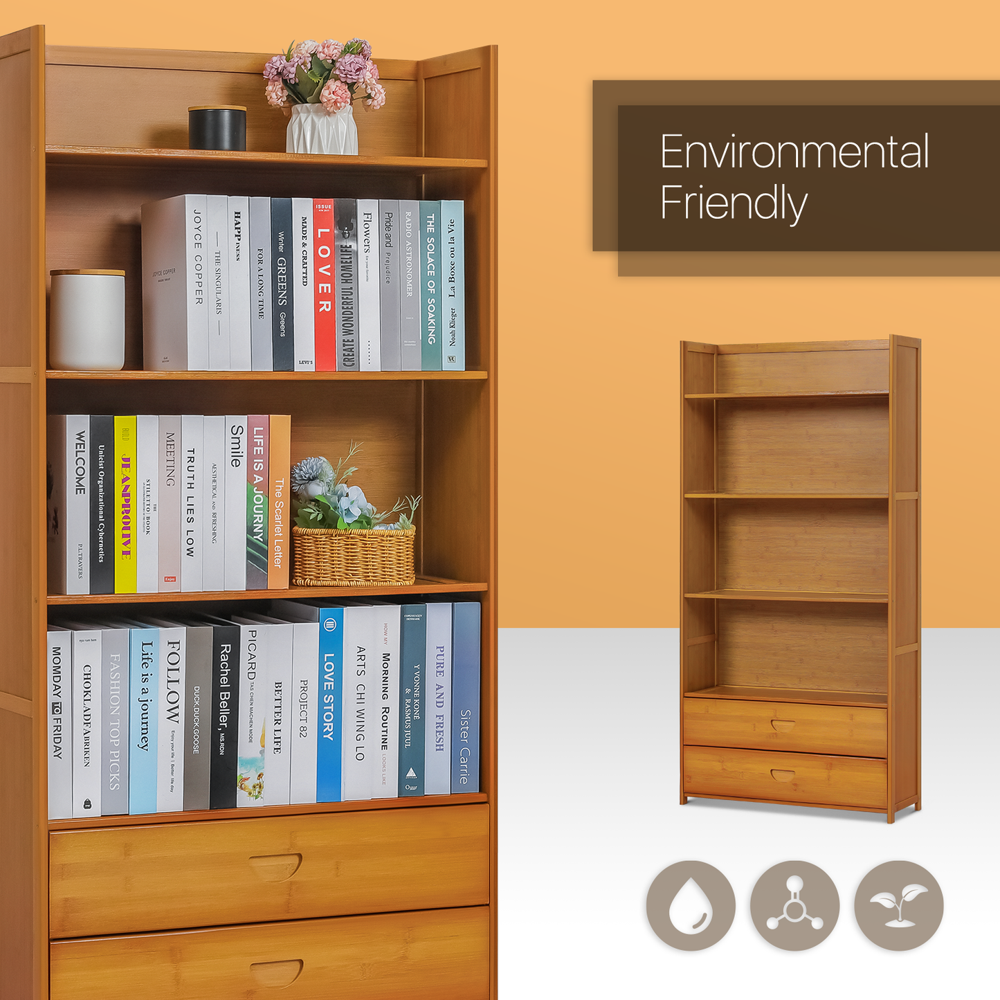 Simplified Multi-Functional Bookshelf - Open Top - with Drawer - 5 Tier - Brown