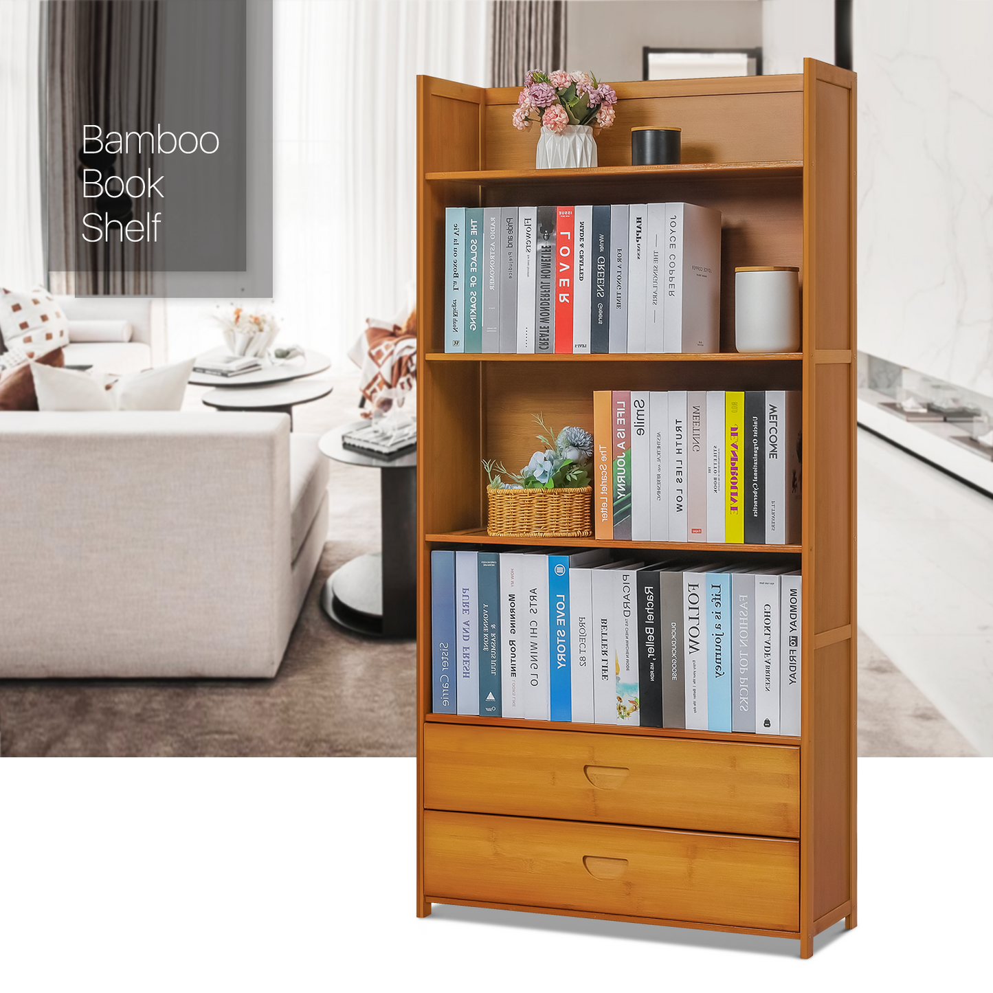 Simplified Multi-Functional Bookshelf - Open Top - with Drawer - 5 Tier - Brown