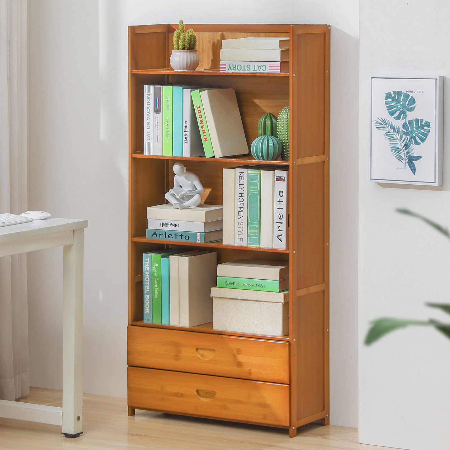 Simplified Multi-Functional Bookshelf - Open Top - with Drawer - 5 Tier - Brown