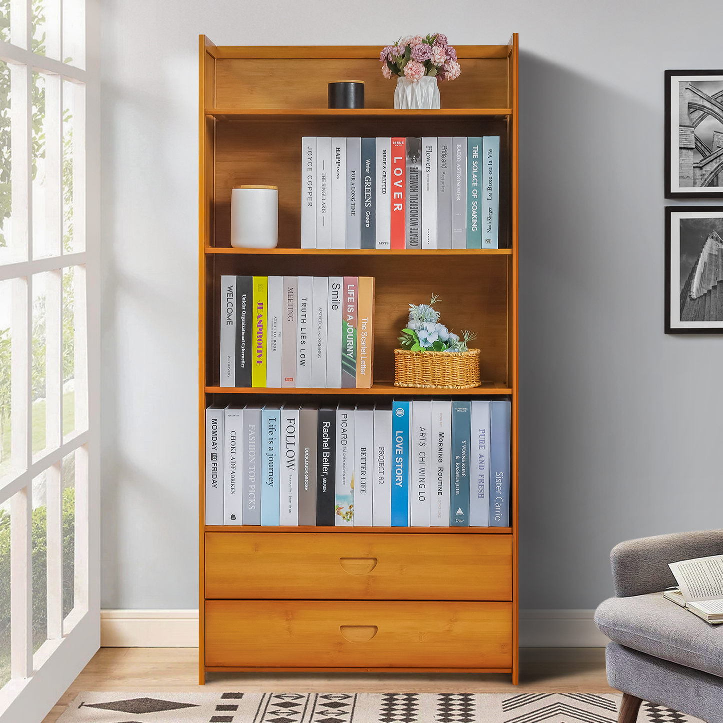 Simplified Multi-Functional Bookshelf - Open Top - with Drawer - 5 Tier - Brown