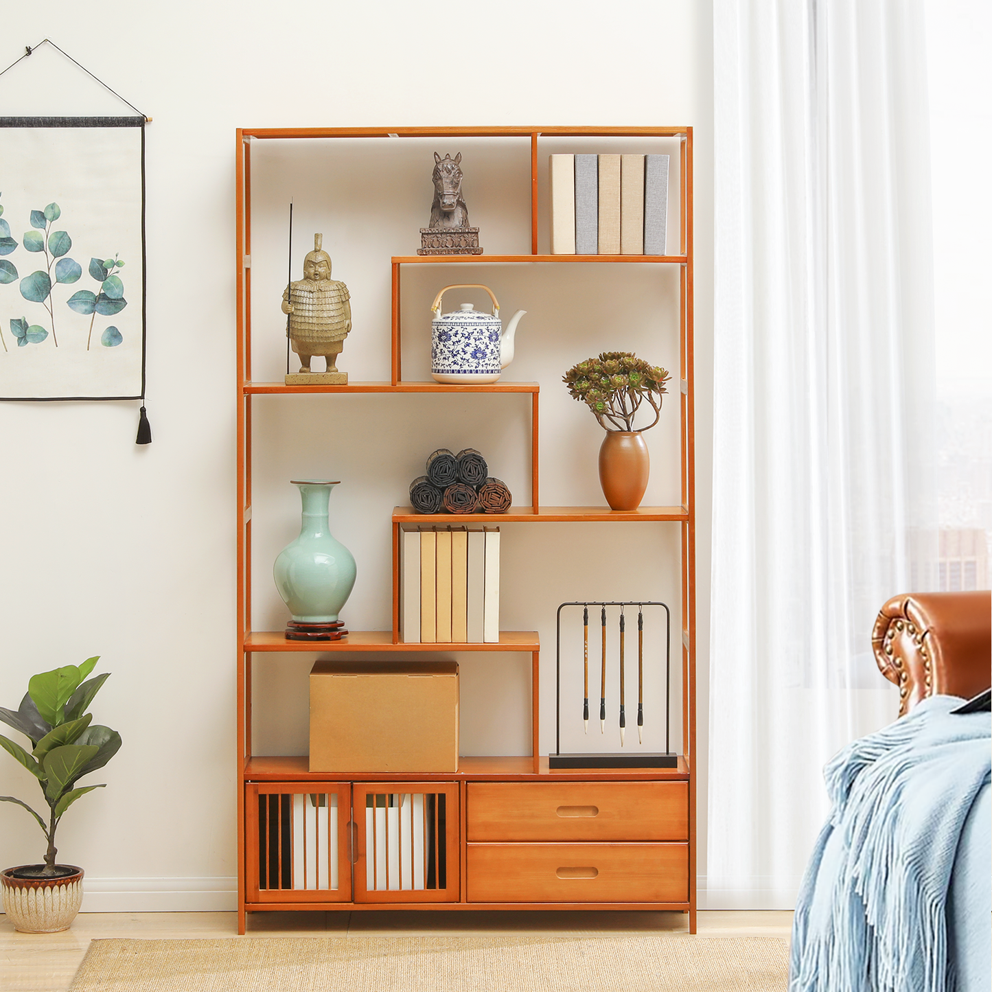 Chinese Etagere Bookcase w/Dual Drawers - Brown