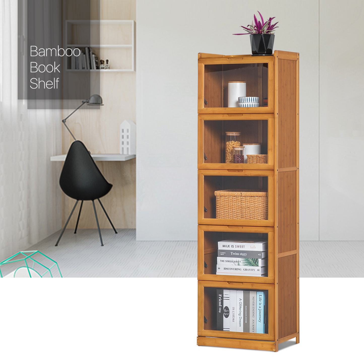 Visible Drop Down Door Bookcase - Bamboo/Acrylic - Brown
