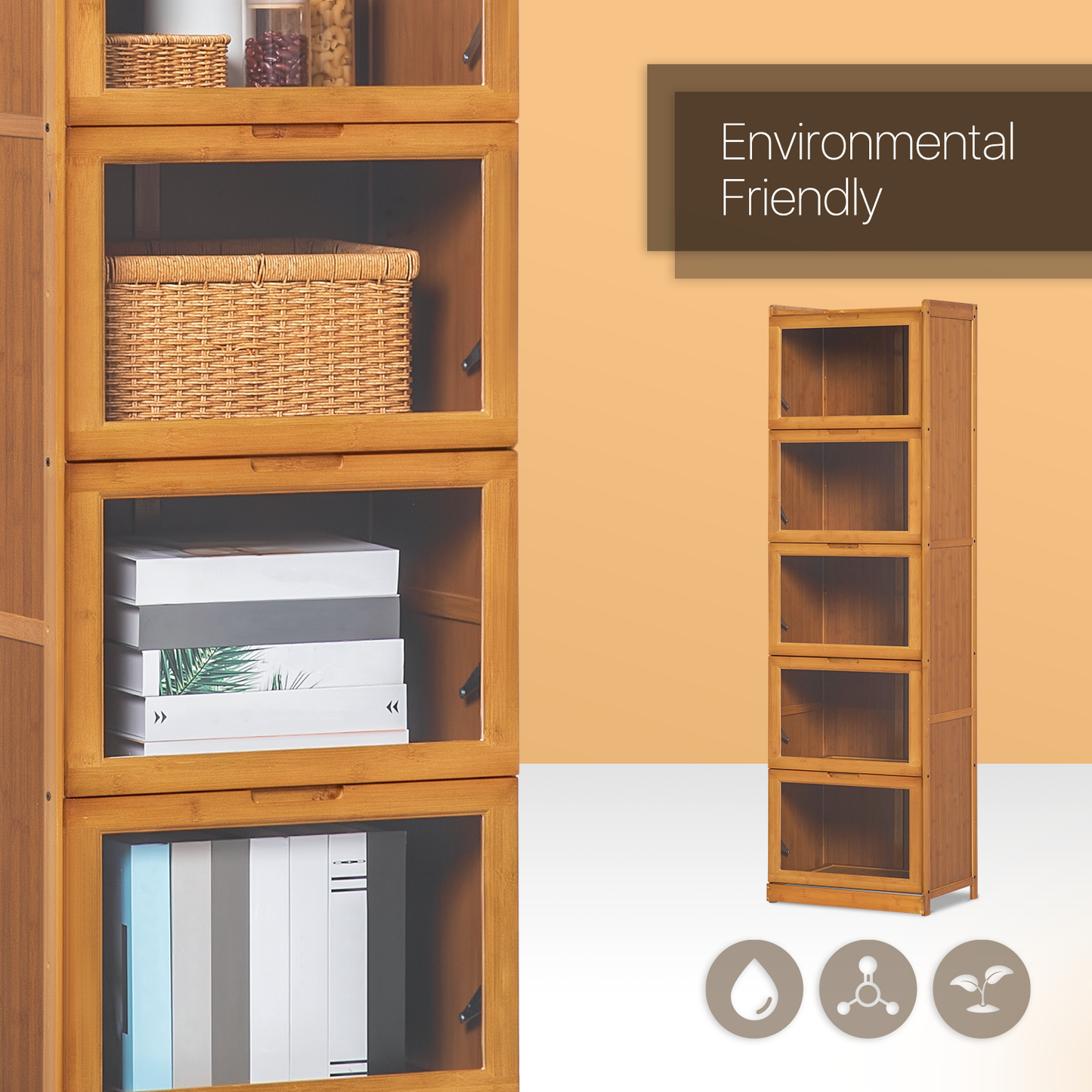 Visible Drop Down Door Bookcase - Bamboo/Acrylic - Brown