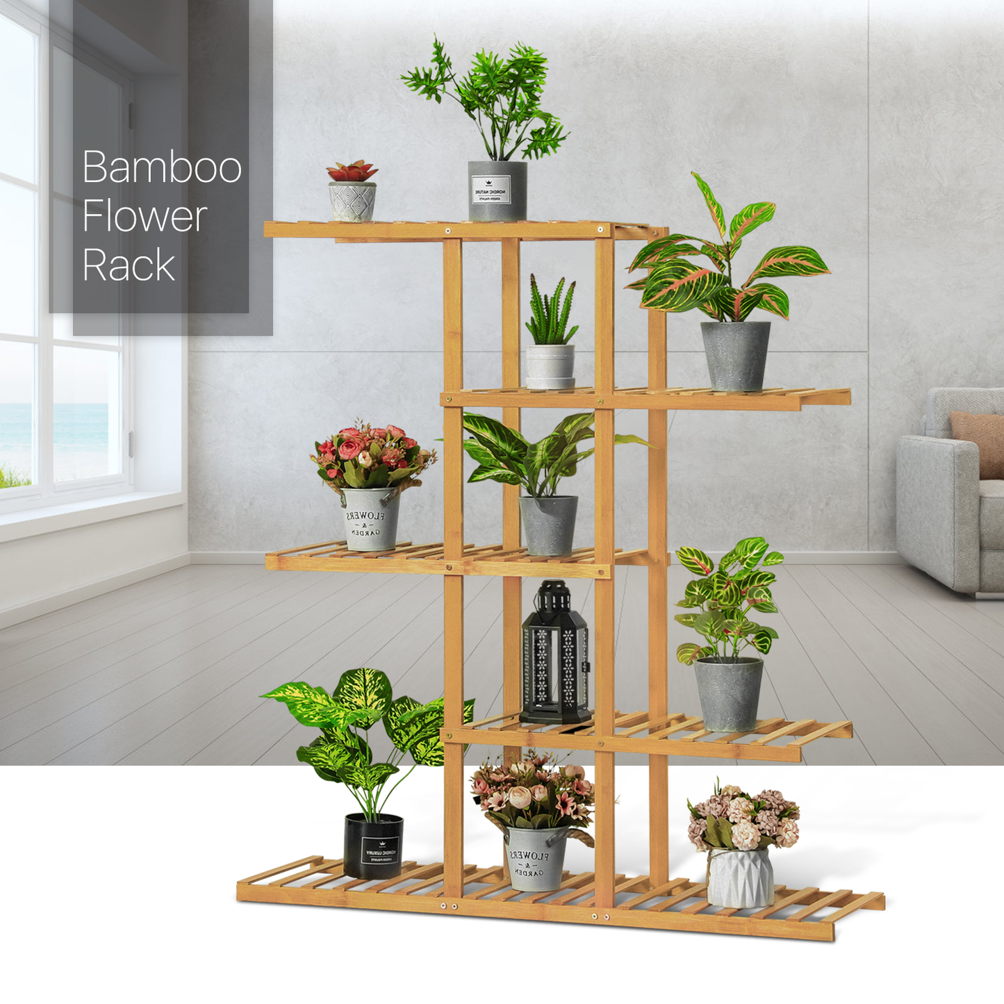 Flower Plant Stand Display Shelf - Zip-Zag Layer - 39" - Natural