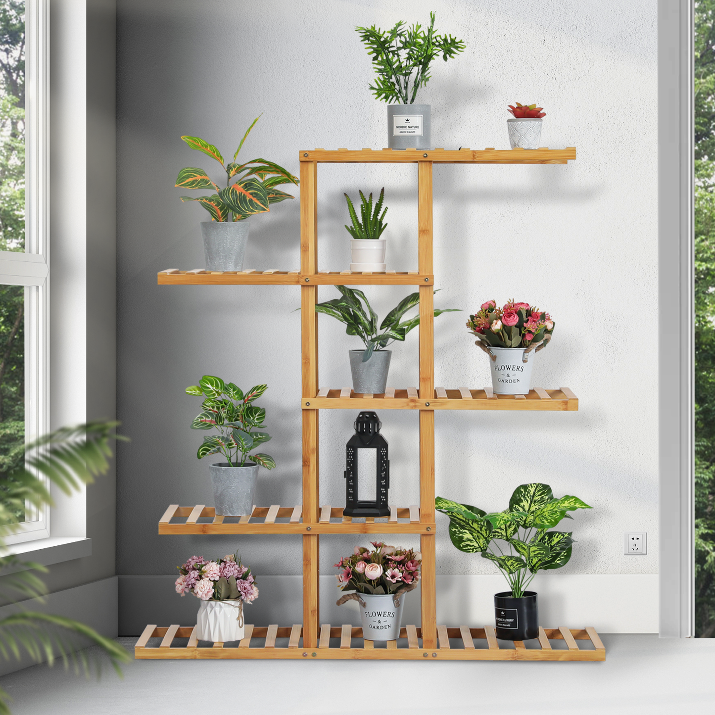 Flower Plant Stand Display Shelf - Zip-Zag Layer - 39" - Natural