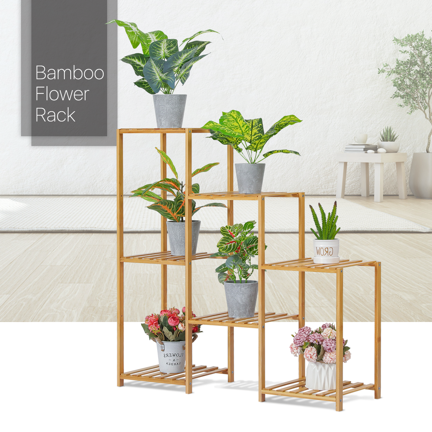 Flower Plant Stand Display Shelf - 7 Potted Plant Holder - Natural
