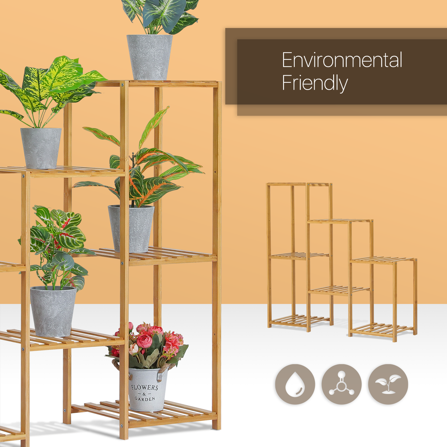 Flower Plant Stand Display Shelf - 7 Potted Plant Holder - Natural