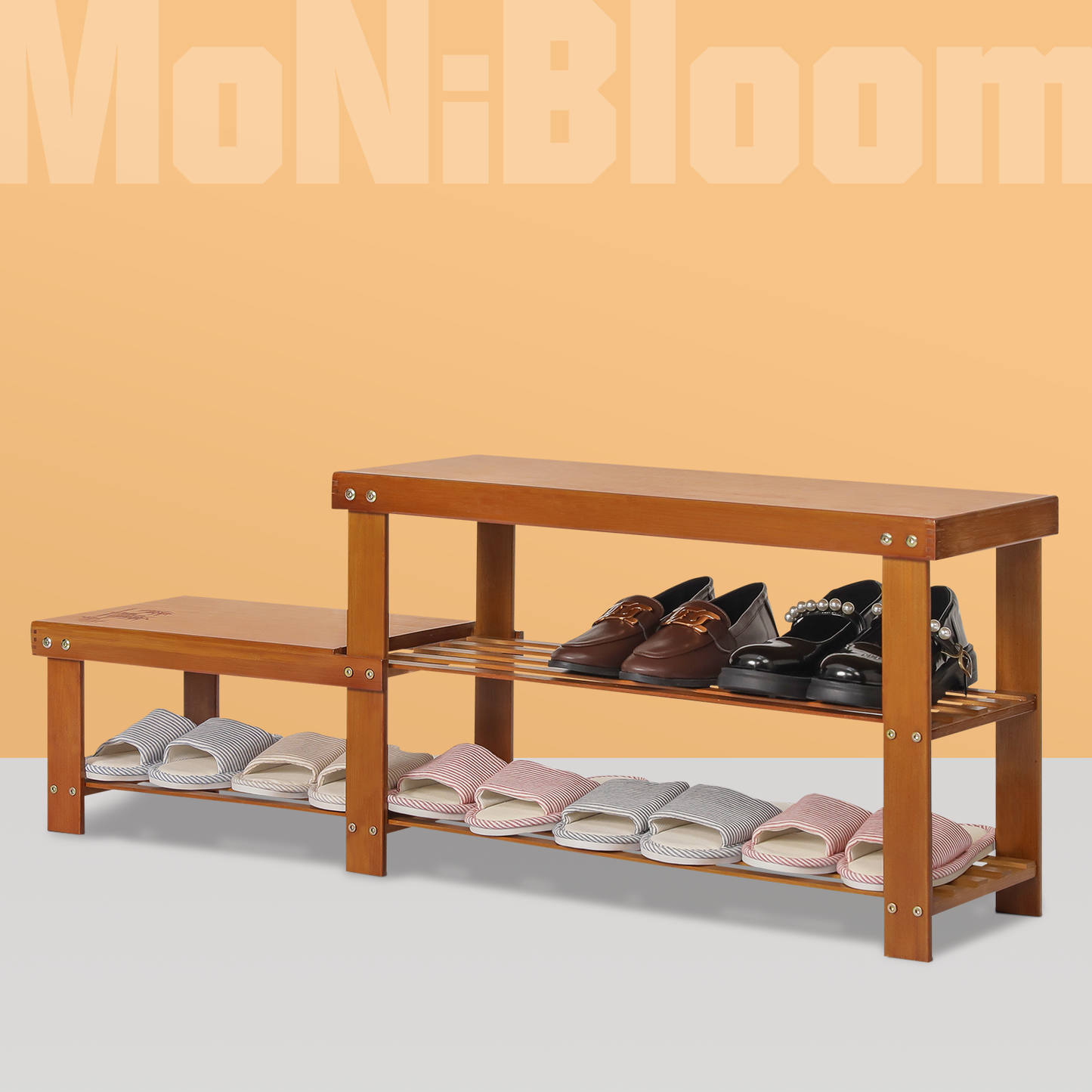Double Row Shoe Rack Organizer - Changing Bench - 2 Tier - Brown
