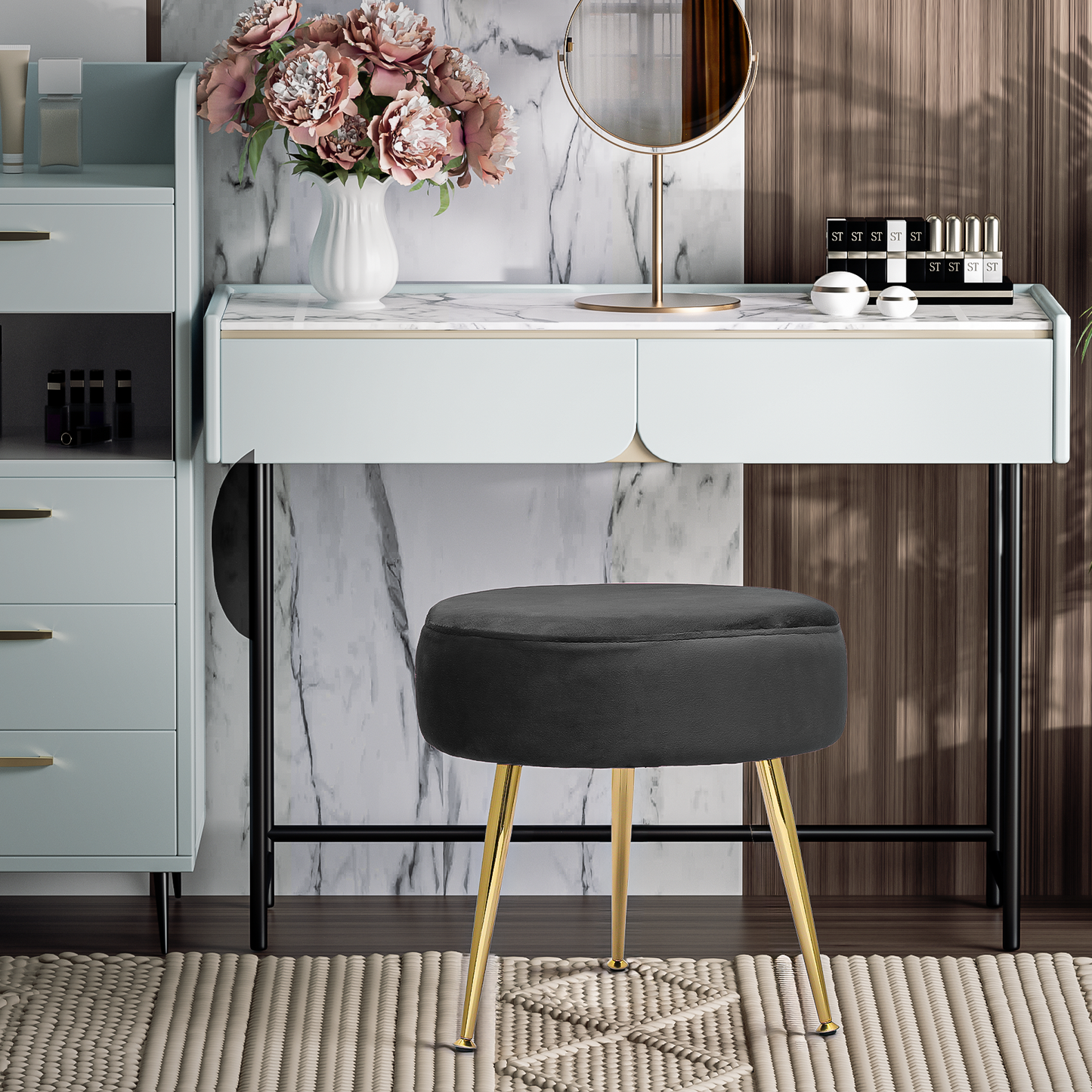 Modern Velvet Upholstered Tufted Make Up Stool