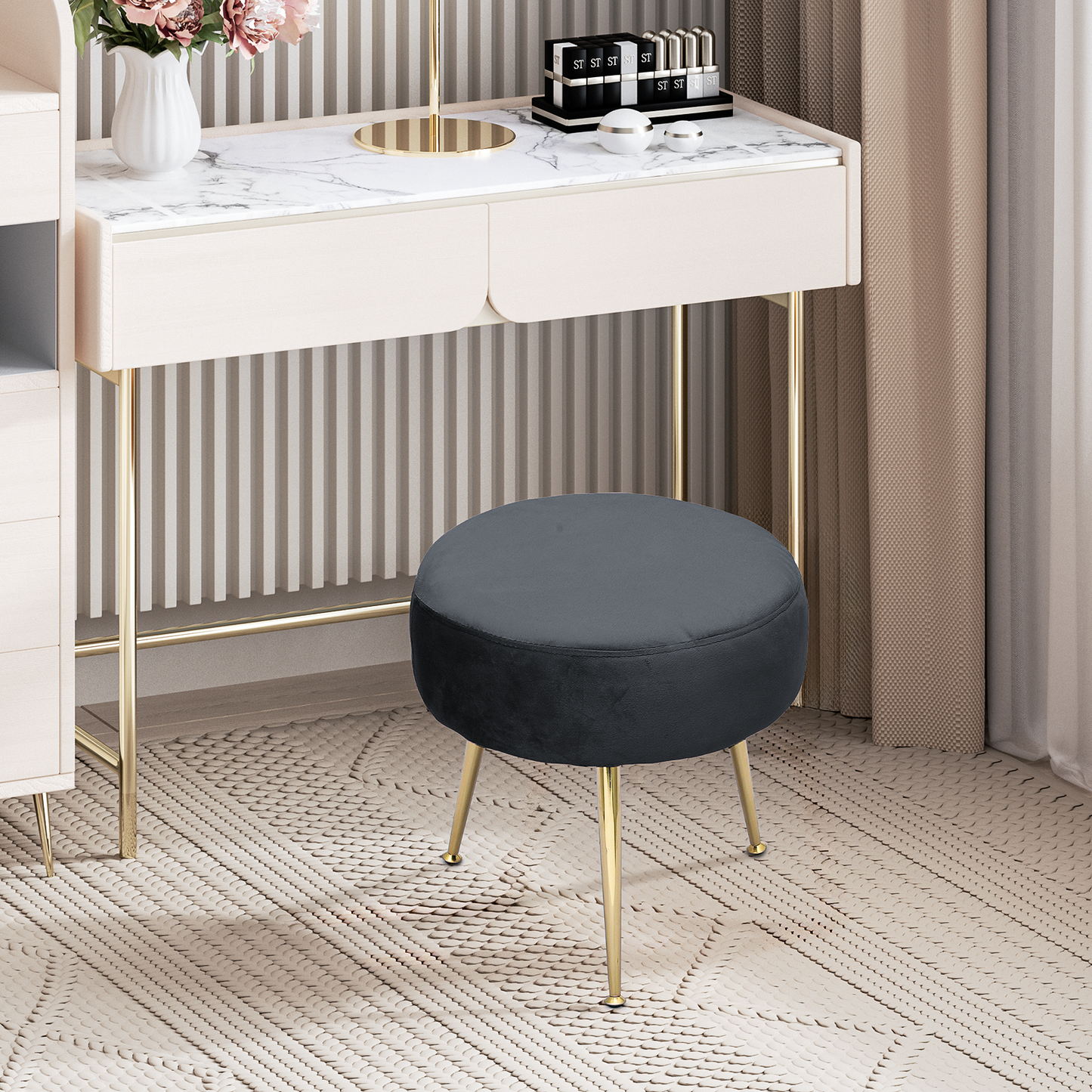 Modern Velvet Upholstered Tufted Make Up Stool