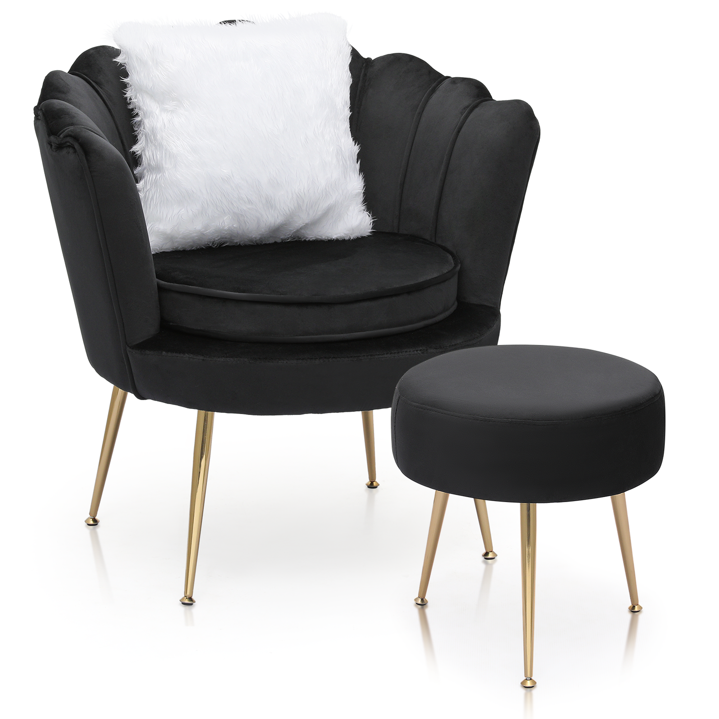 Velvet Upholstered Vanity Accent Chair Armchair w/Footrest - Scalloped Back
