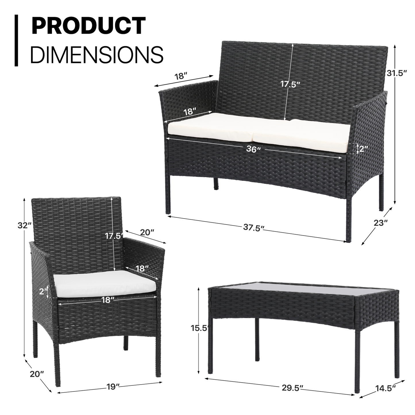 GARDEN PATIO SET-2*Single Chair+1*Love Chair size+ 1*Table-BLACK