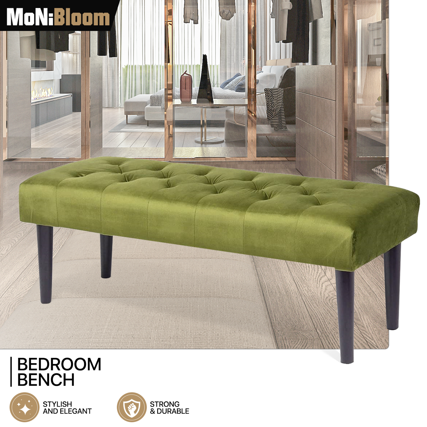 47" Green Tufted Ottoman Modern Rectangle Footstool Upholstered Bench Wood Foot