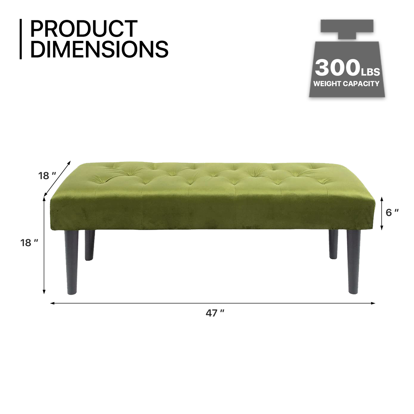 47" Green Tufted Ottoman Modern Rectangle Footstool Upholstered Bench Wood Foot