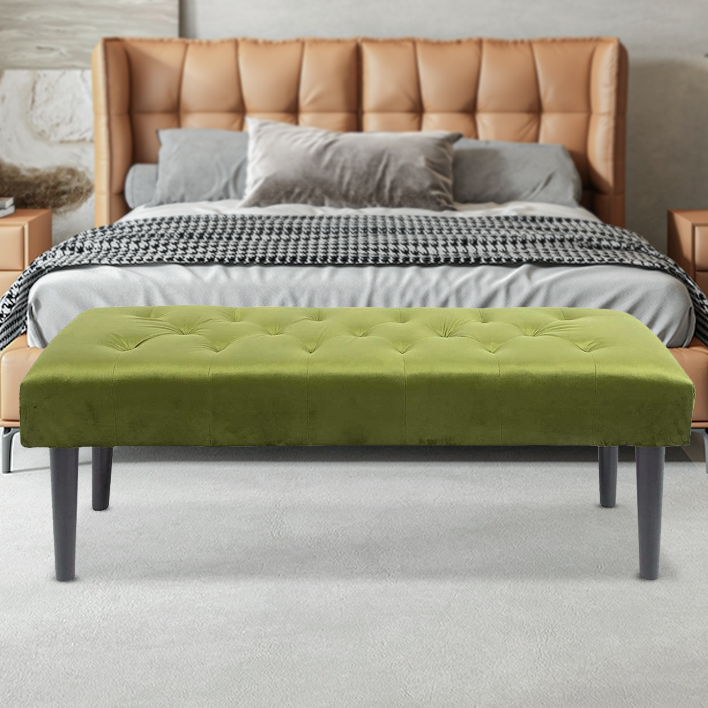 47" Green Tufted Ottoman Modern Rectangle Footstool Upholstered Bench Wood Foot