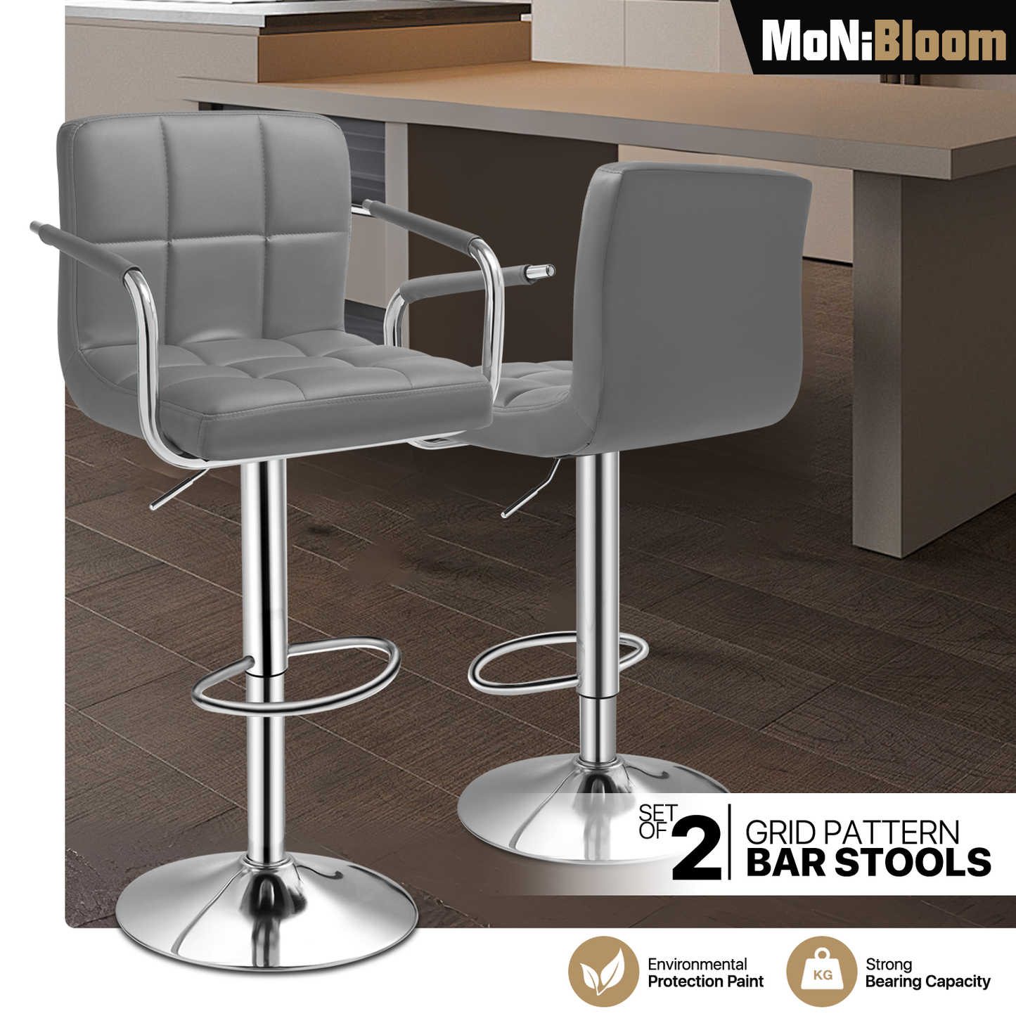 Grid Pattern Bar Stool w/Handrest 2 Pcs