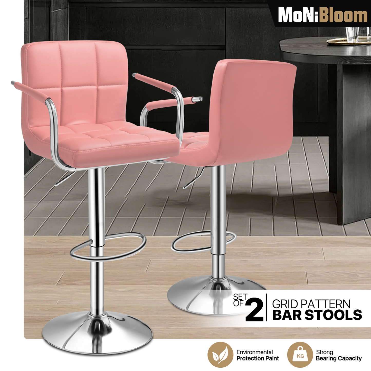 Grid Pattern Bar Stool w/Handrest 2 Pcs